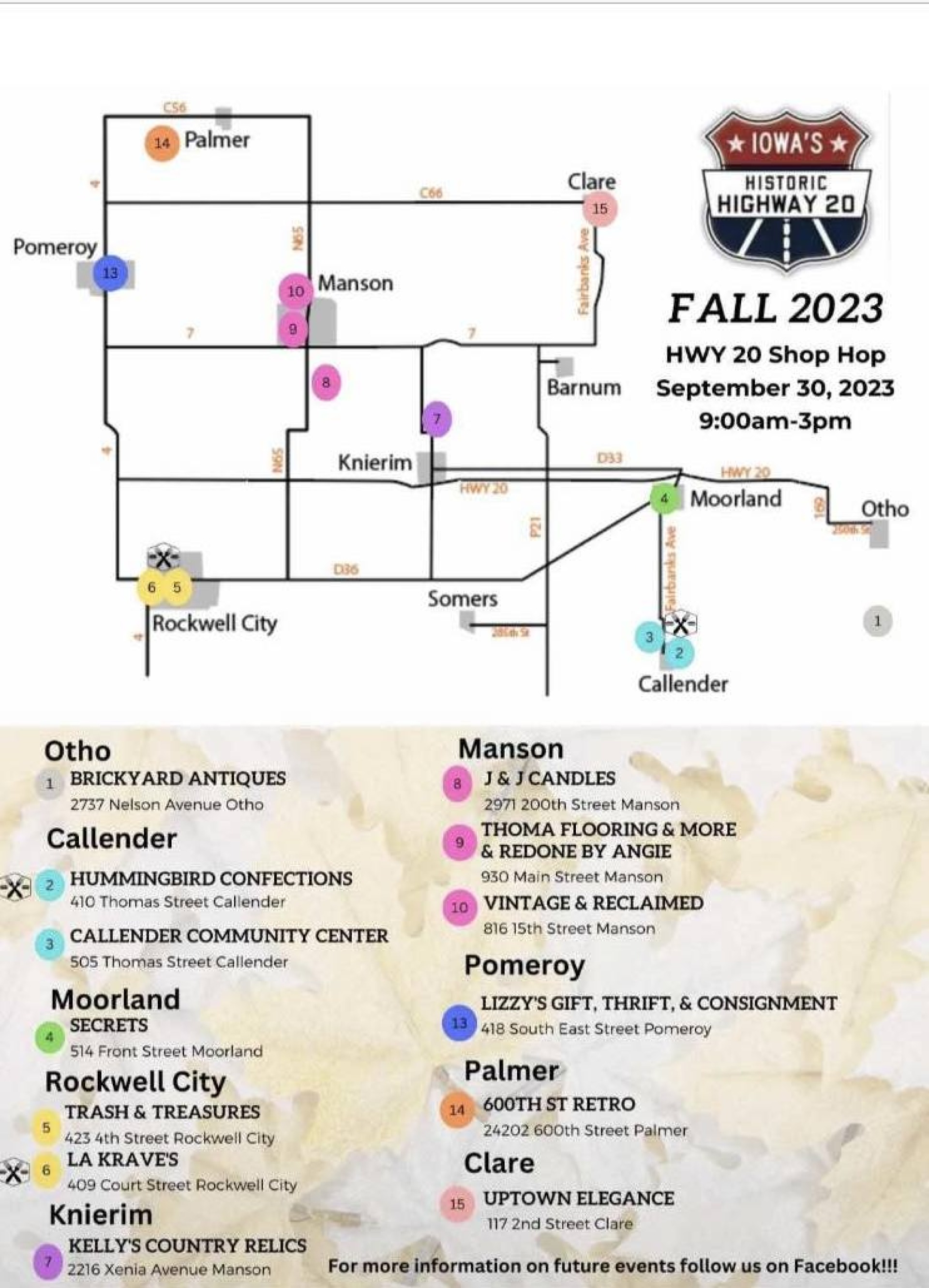 Fall 2023 HWY 20 Shop Hop Map and Shop List